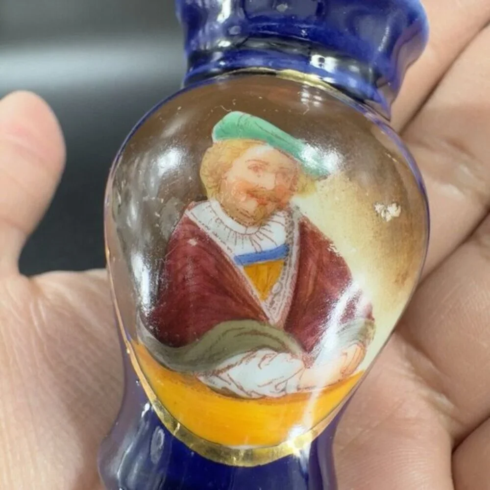 Antique Hand Painted Portrait Porcelain Small Miniature Vase‎ Cobalt Blue VTG